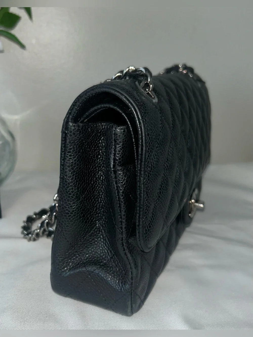 CHANEL Medium Classic Double Flap Caviar Leather Quilted Handbag Black